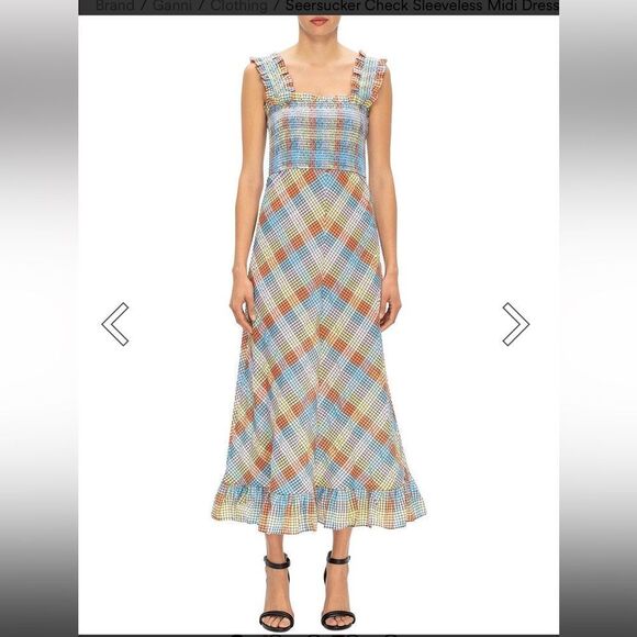 GANNI SEERSUCKER CHECK SLEEVELESS MIDI DRESS smocked cotton summer 42 L - Picture 4 of 14